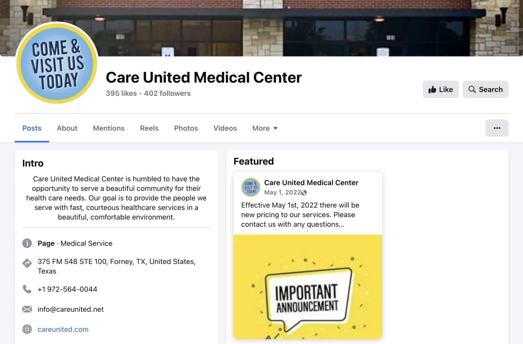 Care United Medical Center Facebook Page